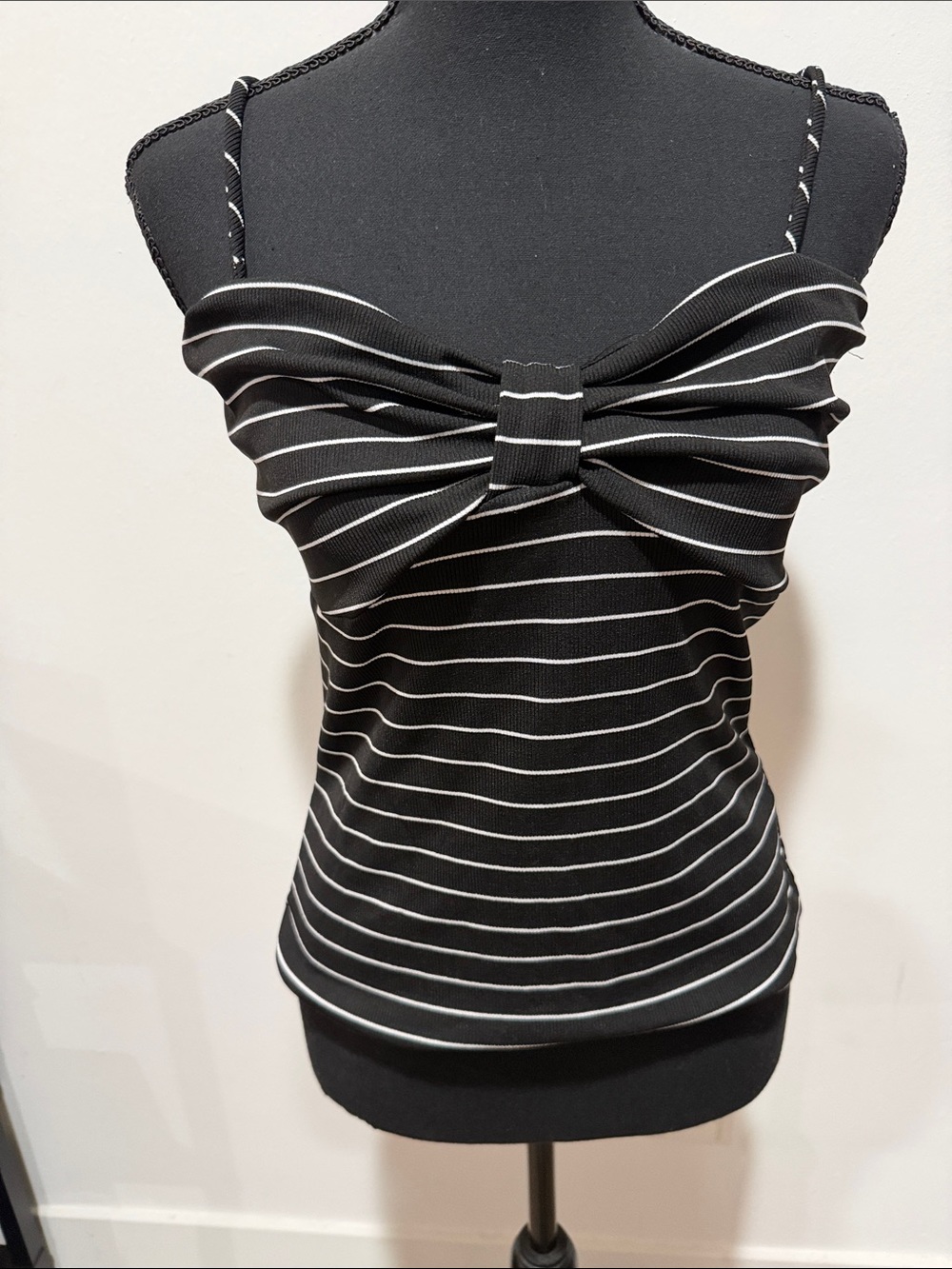 Zenobia Black and White Striped Bow-Front Spaghetti Camisole